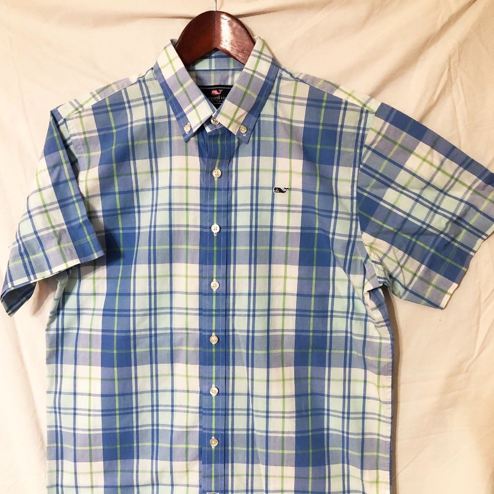 Boys Vineyard Vines Short Sleeve Whale Shirt, Blue Plaid
